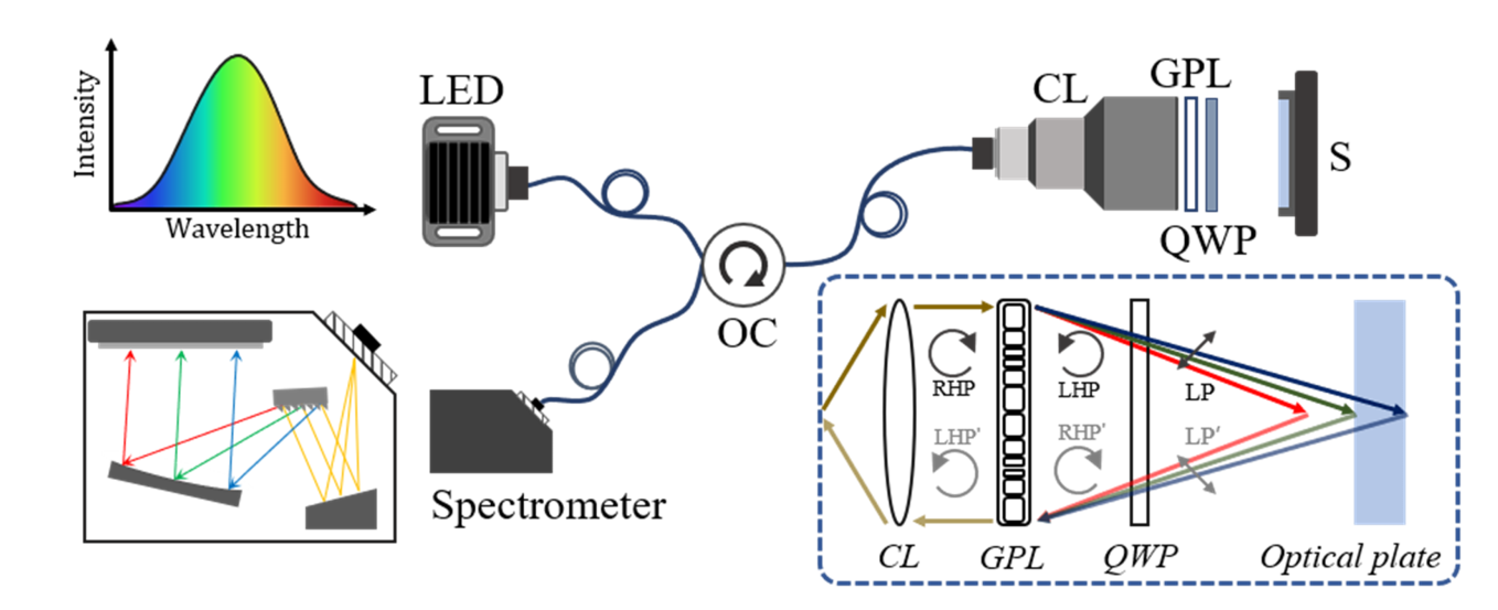  Optical configuration of the chromatic confocal sensor using a geometric phase lens. OC, optical circulator; CL, collimating lens; GPL, geometric phase lens; QWP, quarter-wave plate; S, specimen; LHP, left-handed circular polarization; RHP, right-handed circular polarization.